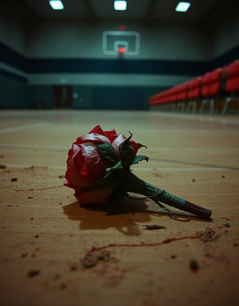 A wilted corsage on a gymnasium floor