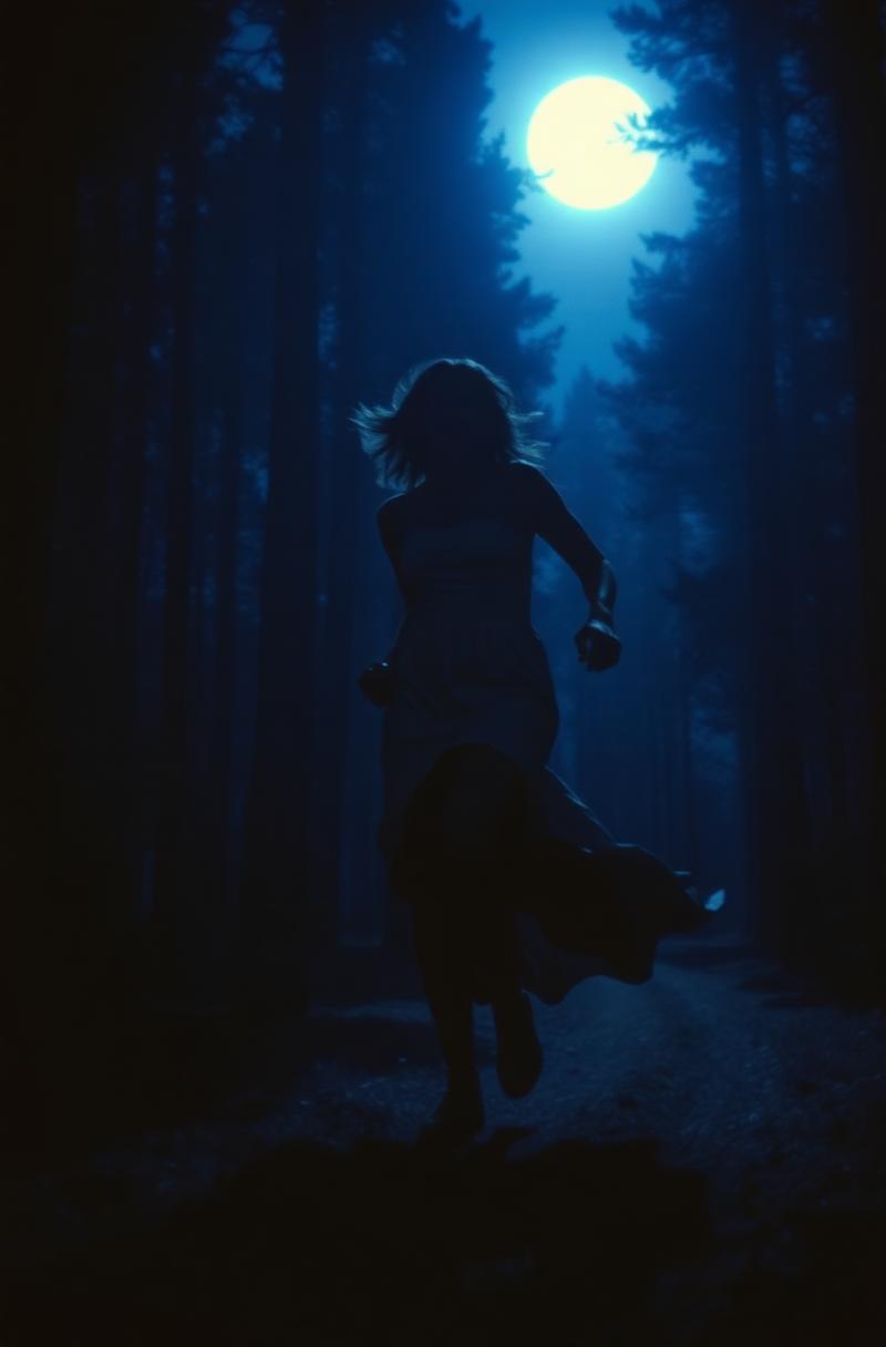 Figure in torn dress running through dark forest
