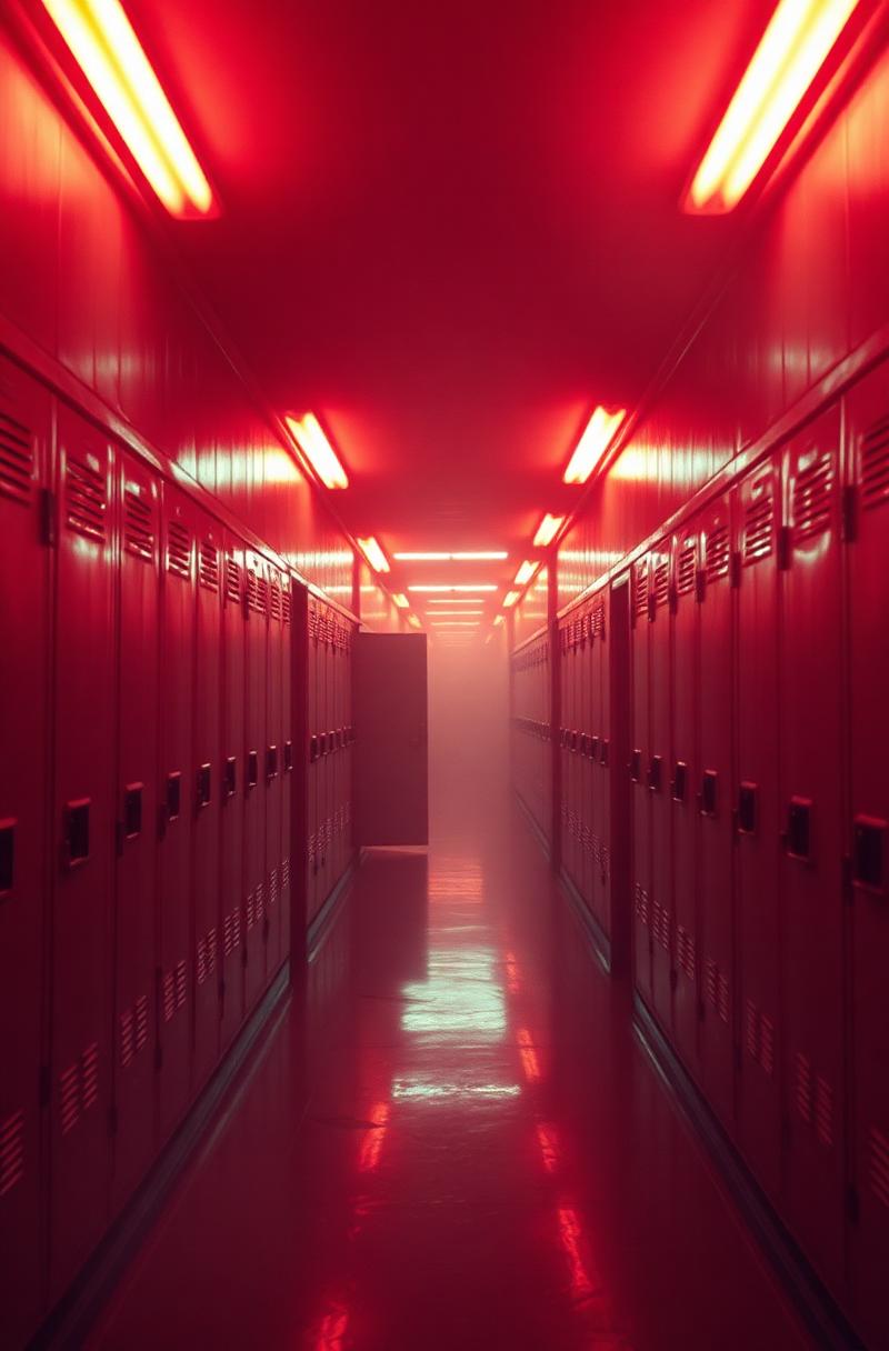 Red-lit high school hallway