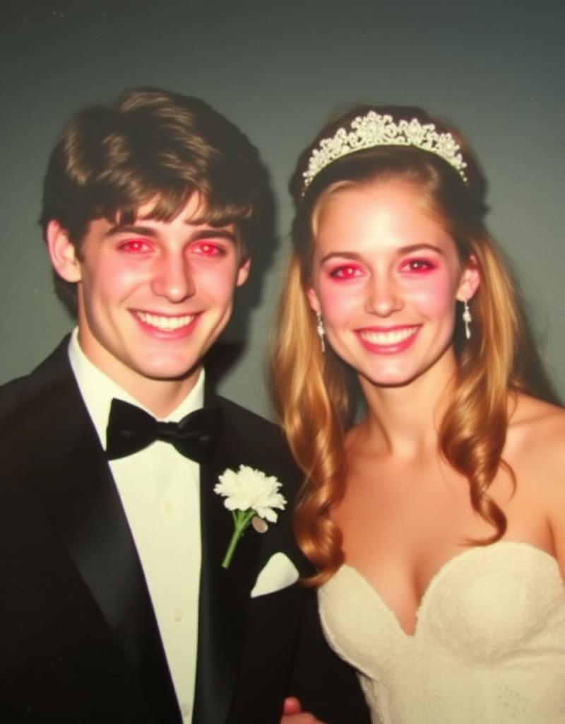 1984 prom couple with glowing red eyes