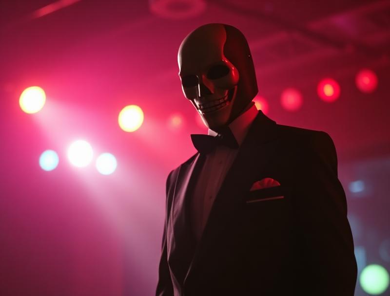 Masked figure in a tuxedo under prom lights